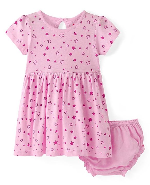 Babyhug Cotton Knit Half Sleeves Frock with Bloomer Star Print - Multicolour