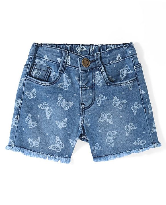 Babyhug Denim Mid Thigh Length Stretchable Shorts Butterfly Print - Blue
