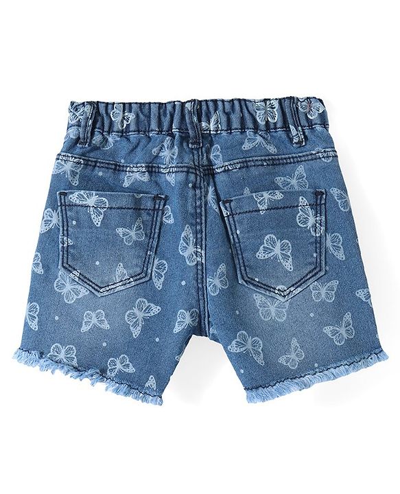 Babyhug Denim Mid Thigh Length Stretchable Shorts Butterfly Print - Blue