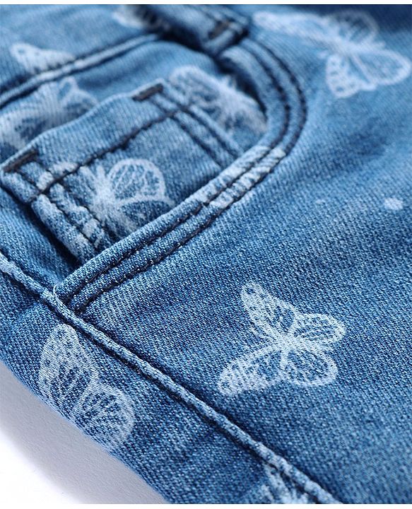Babyhug Denim Mid Thigh Length Stretchable Shorts Butterfly Print - Blue