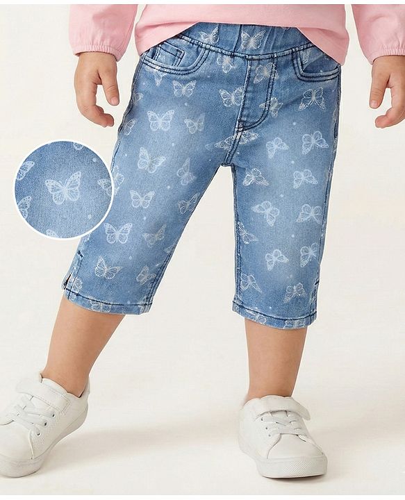 Babyhug Denim Capri Butterfly Print with Stretch - Blue