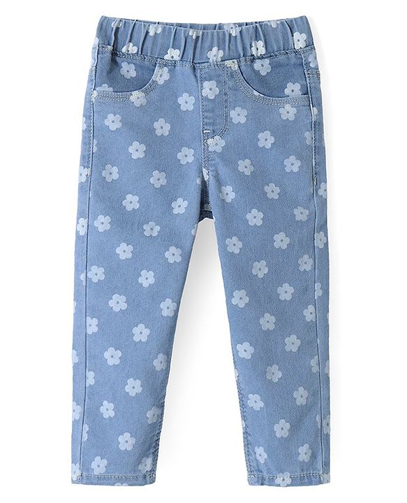 Babyhug Denim Full Length Stretchable Jeggings  with Floral Print - Light Blue
