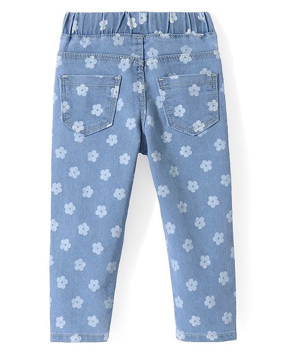 Babyhug Denim Full Length Stretchable Jeggings  with Floral Print - Light Blue