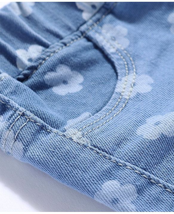 Babyhug Denim Full Length Stretchable Jeggings  with Floral Print - Light Blue