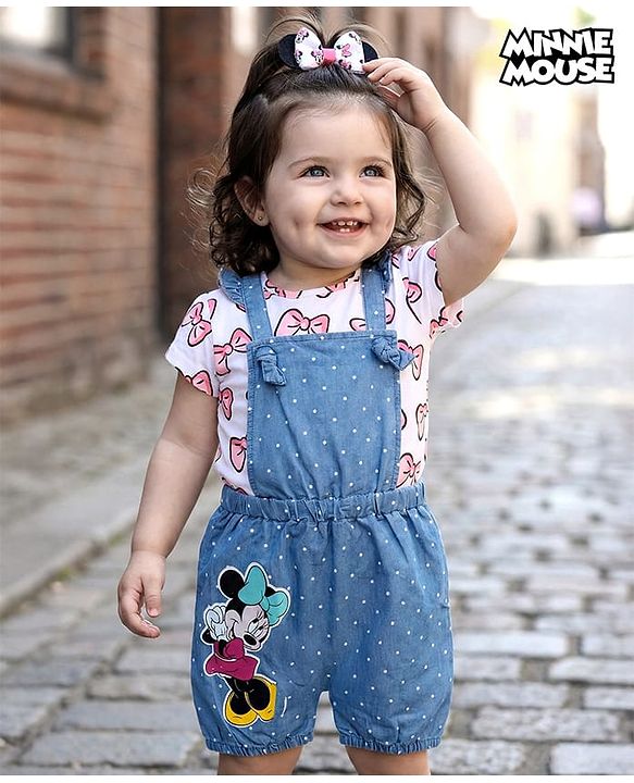 Babyhug Disney Cotton Half Sleeves T-Shirt with Dungaree  Minnie Mouse Print - Multicolour