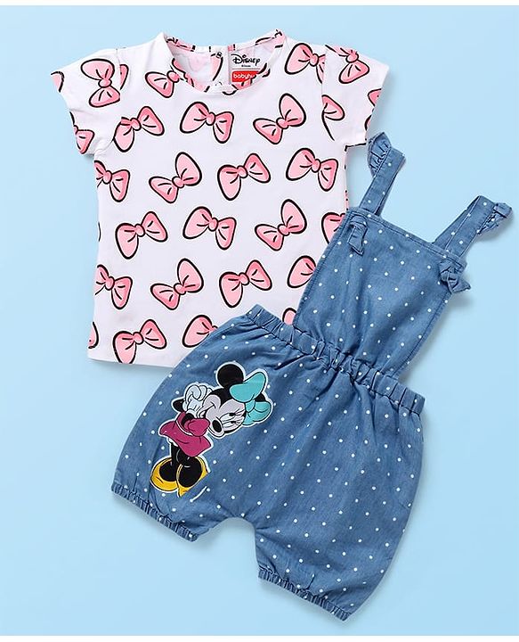 Babyhug Disney Cotton Half Sleeves T-Shirt with Dungaree  Minnie Mouse Print - Multicolour