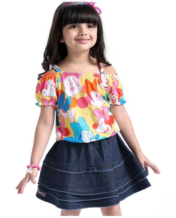 Babyhug Disney Single Jersey Knit Half Sleeves Top And Denim Skirt With Minnie Mouse Print - Multicolor