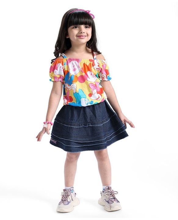 Babyhug Disney Single Jersey Knit Half Sleeves Top And Denim Skirt With Minnie Mouse Print - Multicolor