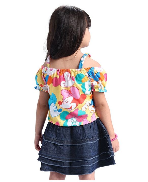 Babyhug Disney Single Jersey Knit Half Sleeves Top And Denim Skirt With Minnie Mouse Print - Multicolor