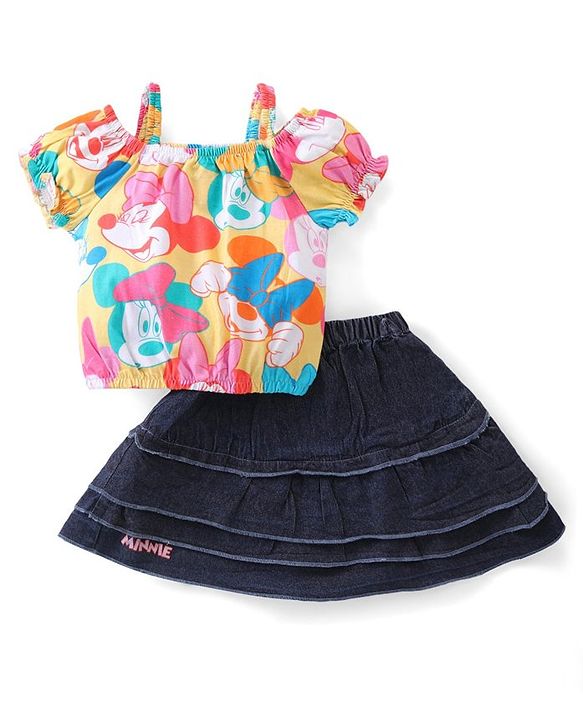 Babyhug Disney Single Jersey Knit Half Sleeves Top And Denim Skirt With Minnie Mouse Print - Multicolor