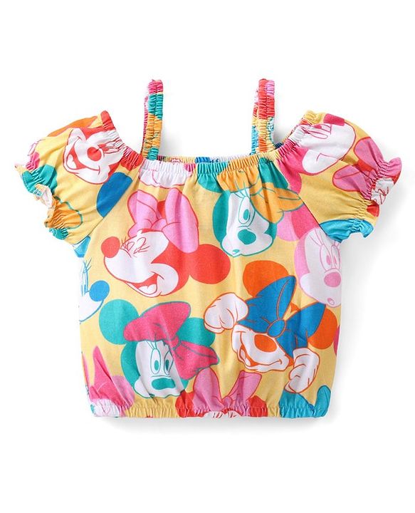 Babyhug Disney Single Jersey Knit Half Sleeves Top And Denim Skirt With Minnie Mouse Print - Multicolor