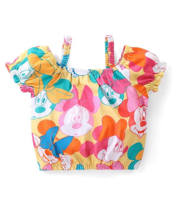 Babyhug Disney Single Jersey Knit Half Sleeves Top And Denim Skirt With Minnie Mouse Print - Multicolor