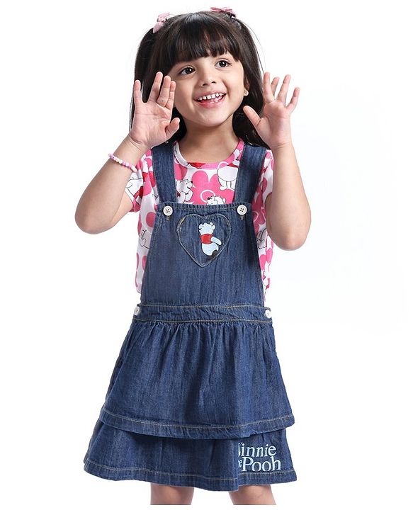 Babyhug Disney Single Jersey Knit Layered Frock with Half Sleeves T-Shirt Winnie The Pooh Print - Blue White & Pink