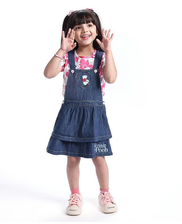 Babyhug Disney Single Jersey Knit Layered Frock with Half Sleeves T-Shirt Winnie The Pooh Print - Blue White & Pink