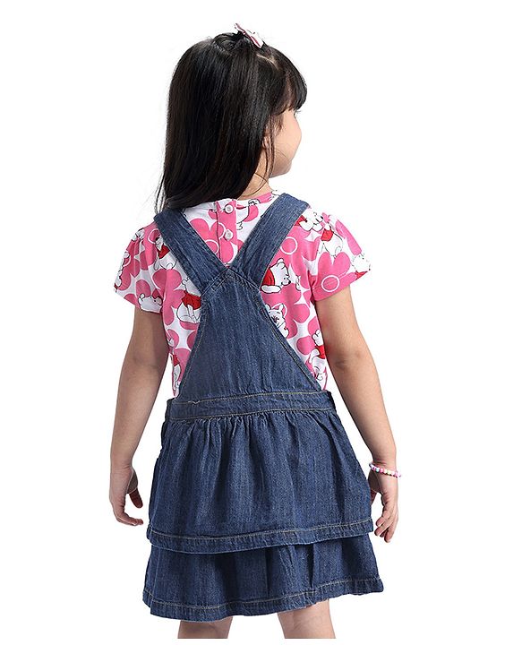 Babyhug Disney Single Jersey Knit Layered Frock with Half Sleeves T-Shirt Winnie The Pooh Print - Blue White & Pink