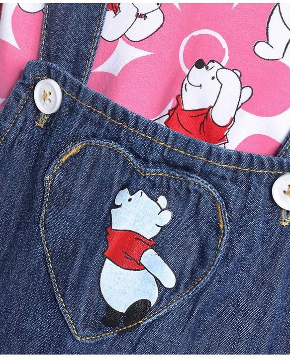 Babyhug Disney Single Jersey Knit Layered Frock with Half Sleeves T-Shirt Winnie The Pooh Print - Blue White & Pink