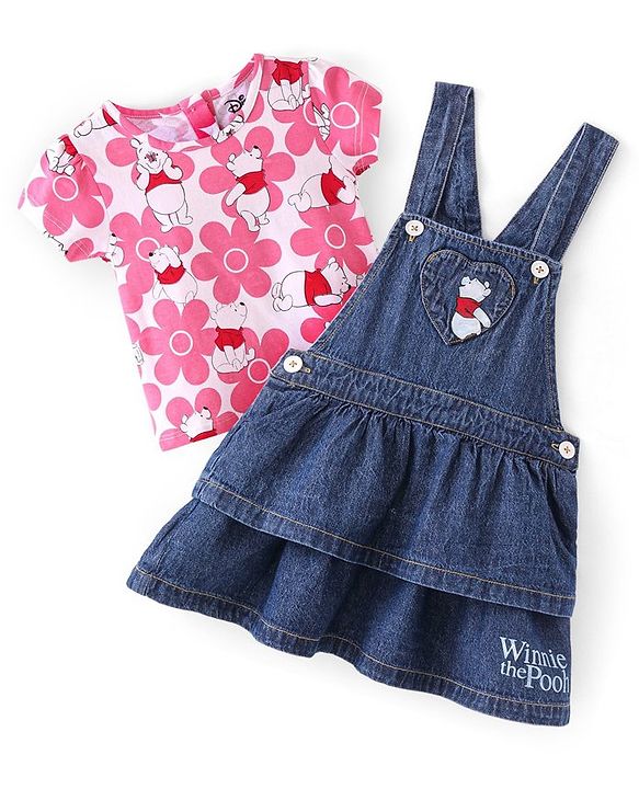 Babyhug Disney Single Jersey Knit Layered Frock with Half Sleeves T-Shirt Winnie The Pooh Print - Blue White & Pink