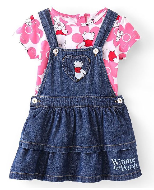 Babyhug Disney Single Jersey Knit Layered Frock with Half Sleeves T-Shirt Winnie The Pooh Print - Blue White & Pink