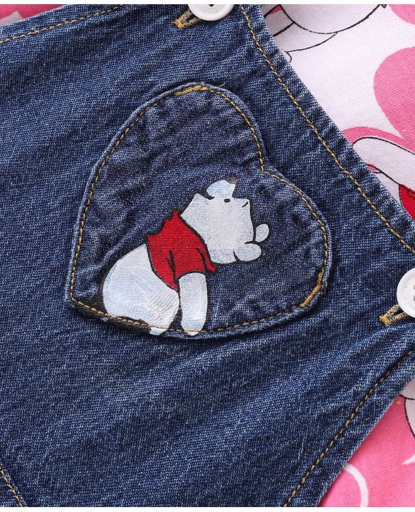 Babyhug Disney Single Jersey Knit Layered Frock with Half Sleeves T-Shirt Winnie The Pooh Print - Blue White & Pink