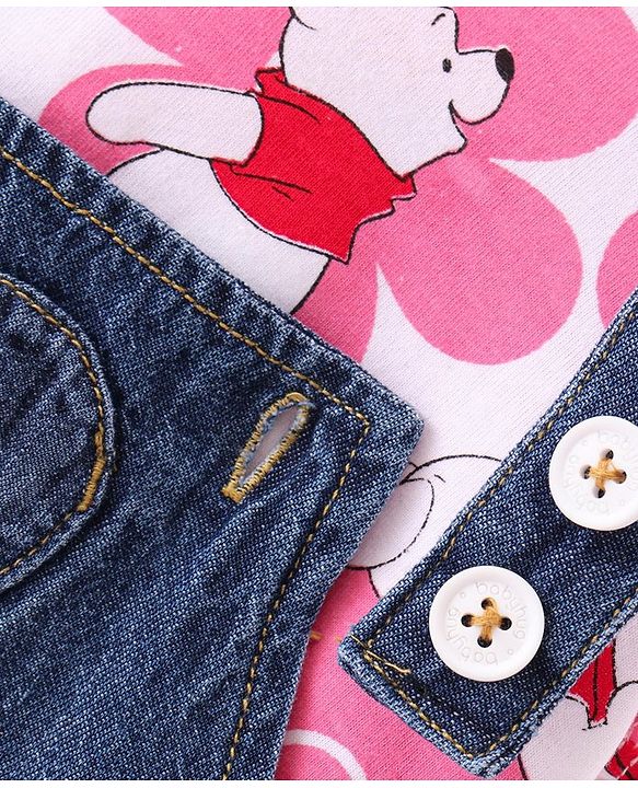 Babyhug Disney Single Jersey Knit Layered Frock with Half Sleeves T-Shirt Winnie The Pooh Print - Blue White & Pink