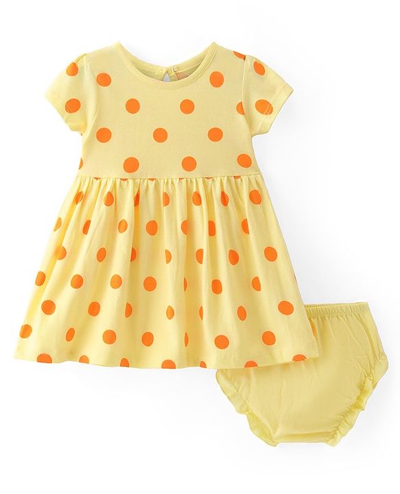 Babyhug Cotton Knit Half Sleeves Frock & Bloomer With Polka Dots Print - Yellow