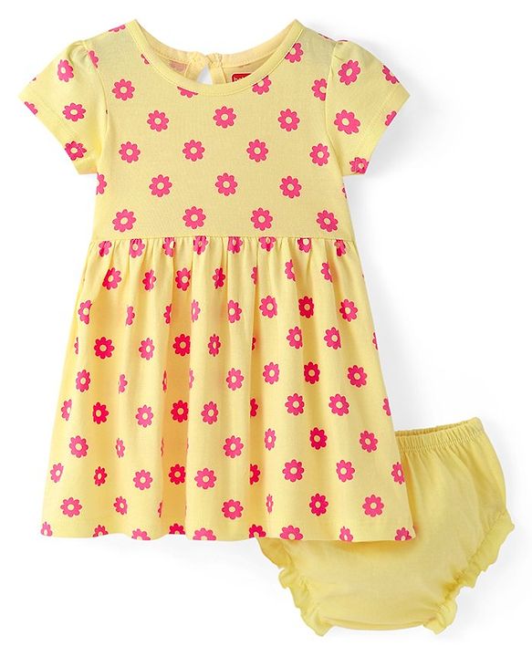 Babyhug Cotton Knit Half Sleeves Frock with Bloomer Floral Print - Multicolour