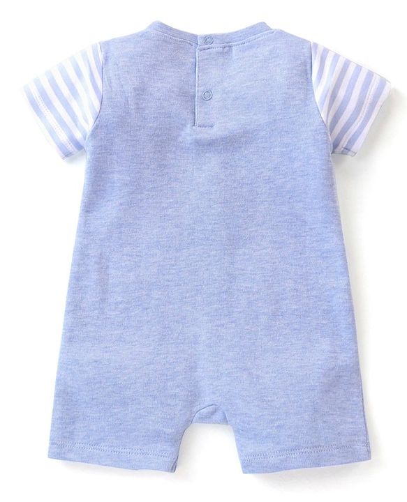 Babyhug 100% Cotton Knit Interlock Half Sleeves Romper With Teddy Print - Blue