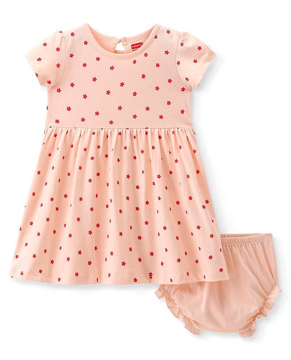 Babyhug Single Jersey Knit Half Sleeves Frock & Bloomer With Stars Print - Peach
