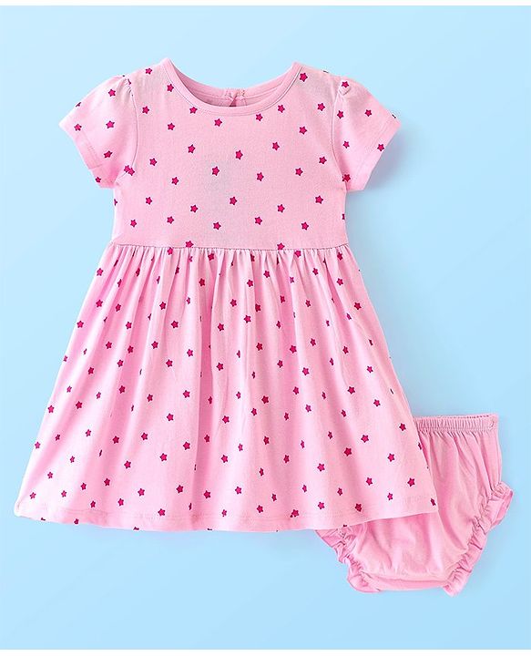 Babyhug Single Jersey Knit Half Sleeves Frock with Bloomer Star Print- Pink