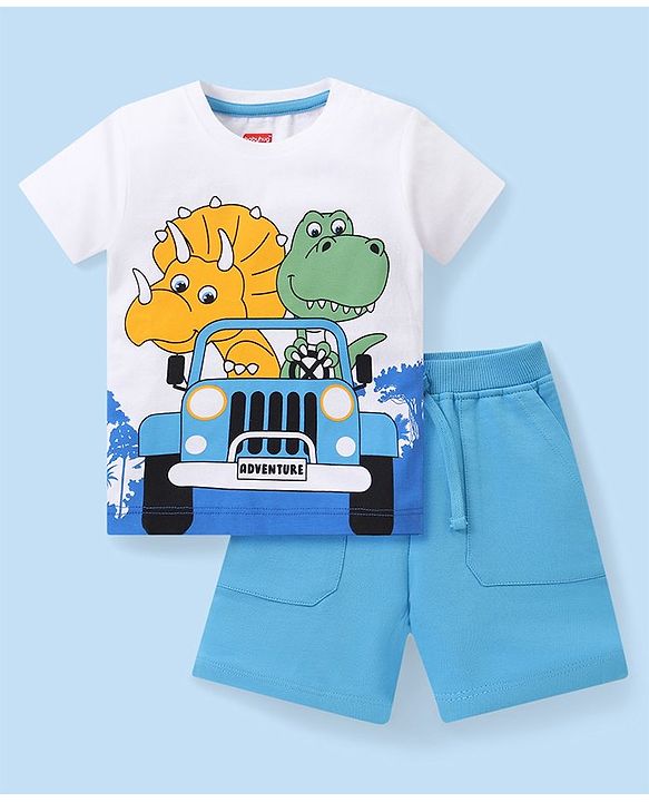 Babyhug Cotton Knit Half Sleeves Dino Printed T-Shirt & Solid Colour Short Set - White & Blue