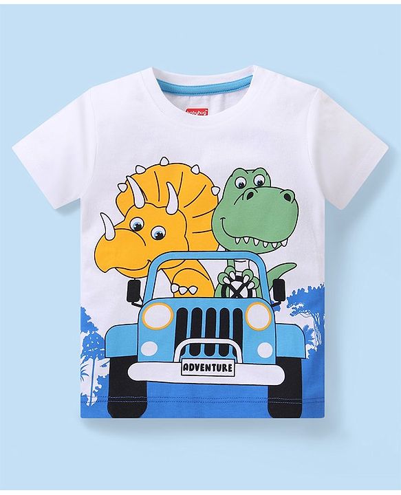 Babyhug Cotton Knit Half Sleeves Dino Printed T-Shirt & Solid Colour Short Set - White & Blue