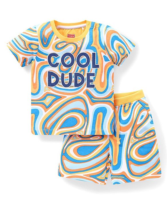 Babyhug Cotton Knit Half Sleeves Text & Marble Printed T-Shirt & Shorts Set - Multicolour