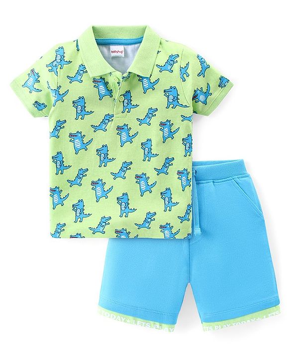 Babyhug Cotton Knit Half Sleeves Polo T-Shirt & Shorts Set With Dancing Croc Print - Green & Blue