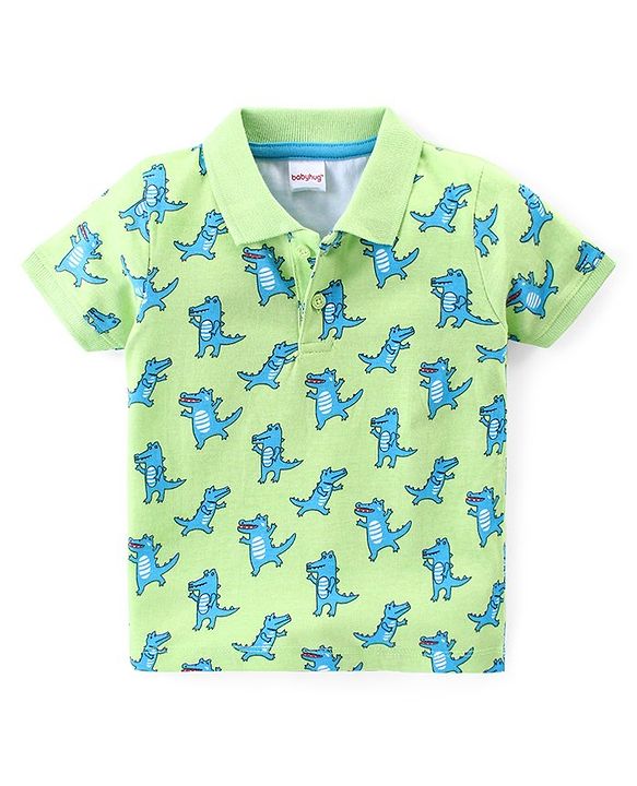 Babyhug Cotton Knit Half Sleeves Polo T-Shirt & Shorts Set With Dancing Croc Print - Green & Blue
