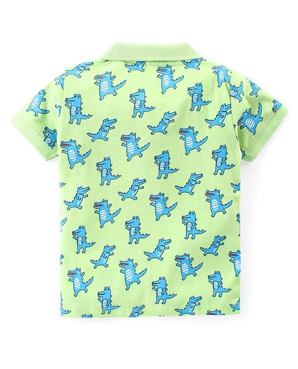Babyhug Cotton Knit Half Sleeves Polo T-Shirt & Shorts Set With Dancing Croc Print - Green & Blue