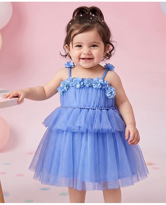 Babyhug Woven Sleeveless Shimmered Ruffled Party Frock with Floral Applique -  Blue