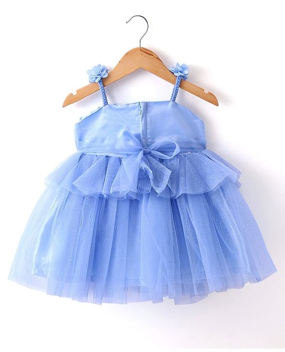 Babyhug Woven Sleeveless Shimmered Ruffled Party Frock with Floral Applique -  Blue