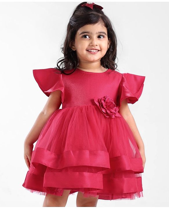 Babyhug Woven Half Sleeves Fit and Flare Party Frock With Floral Corsage- Dark Pink