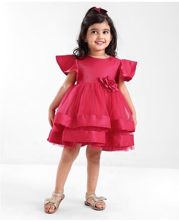 Babyhug Woven Half Sleeves Fit and Flare Party Frock With Floral Corsage- Dark Pink