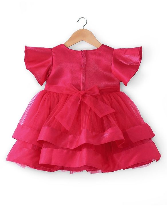 Babyhug Woven Half Sleeves Fit and Flare Party Frock With Floral Corsage- Dark Pink