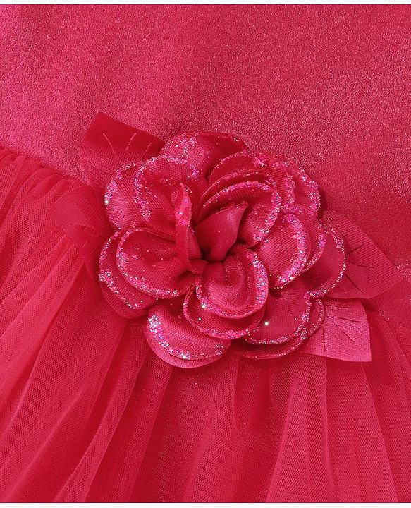 Babyhug Woven Half Sleeves Fit and Flare Party Frock With Floral Corsage- Dark Pink