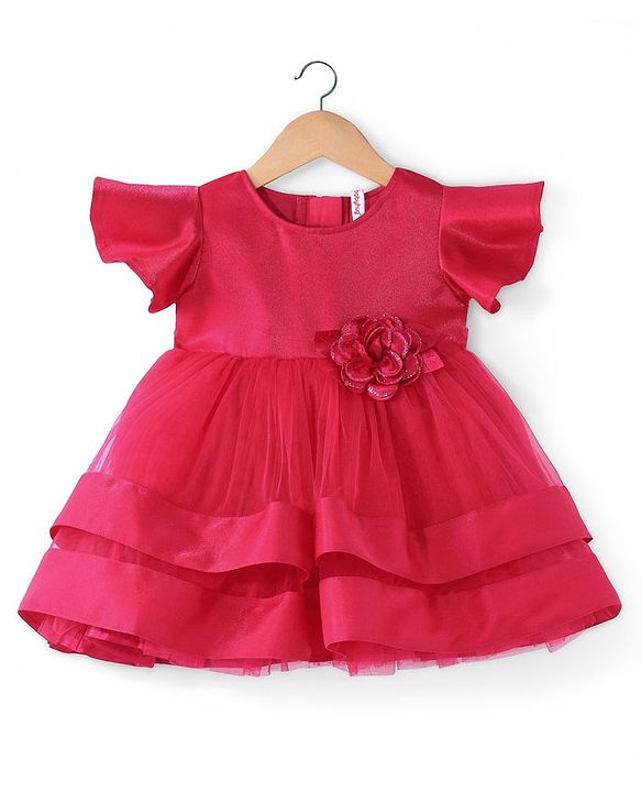 Babyhug Woven Half Sleeves Fit and Flare Party Frock With Floral Corsage- Dark Pink