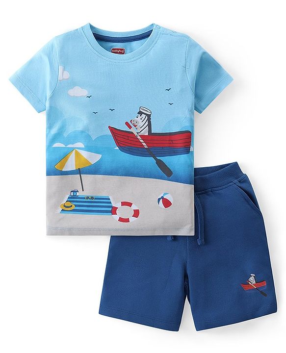 Babyhug Cotton Knit Half Sleeves Boat Printed T-Shirt & Shorts Set - Blue
