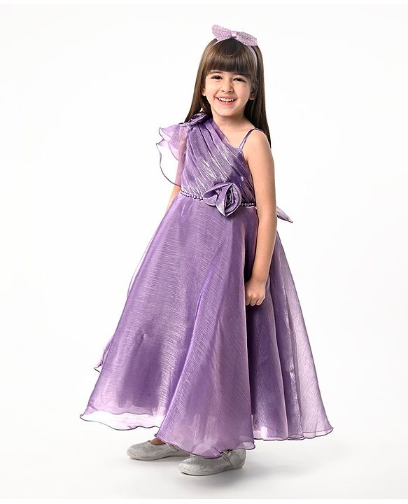 Babyhug Woven One Shoulder Sleeves Fit and Flare Party Gown With Floral Applique- Violet
