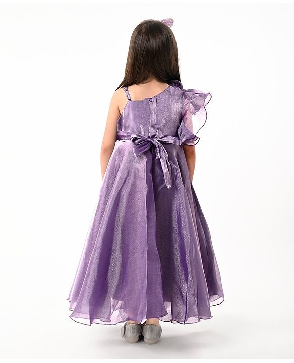 Babyhug Woven One Shoulder Sleeves Fit and Flare Party Gown With Floral Applique- Violet