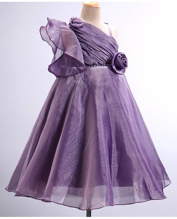 Babyhug Woven One Shoulder Sleeves Fit and Flare Party Gown With Floral Applique- Violet
