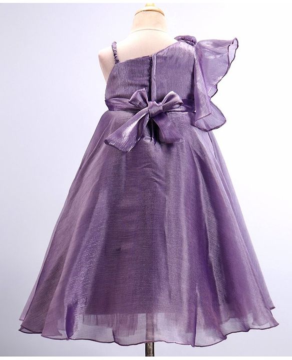 Babyhug Woven One Shoulder Sleeves Fit and Flare Party Gown With Floral Applique- Violet
