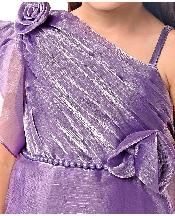 Babyhug Woven One Shoulder Sleeves Fit and Flare Party Gown With Floral Applique- Violet