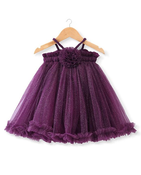 Babyhug Singlet Sleeves Floral Corsage Glittery A-Line Party Frock - Wine