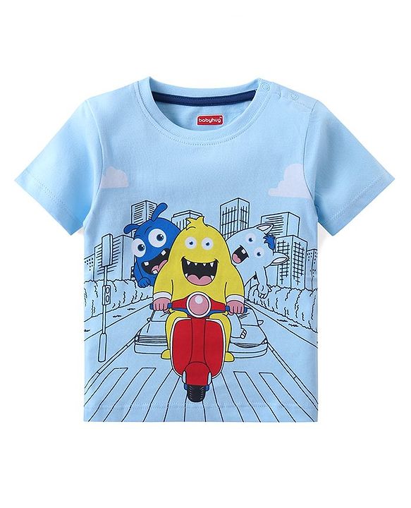 Babyhug Single Jersey Knit Half Sleeves T-Shirt & Shorts Set with Monster Print - Blue